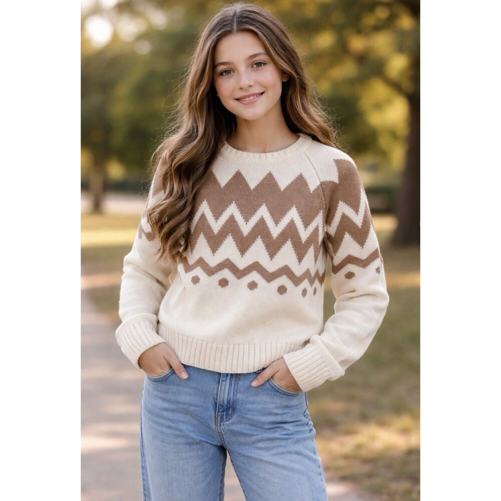 Patrizia Pepe Ivory Brown Wool Blend Long Sleeve Crew Neck Girls Sweater XXL NWT